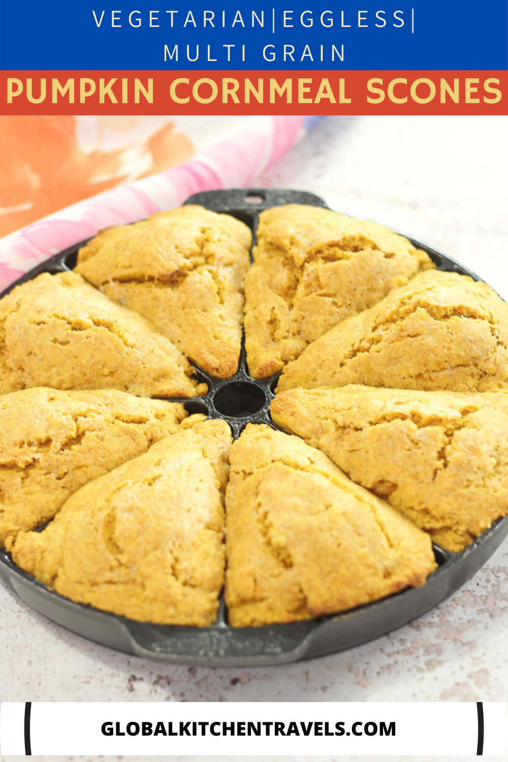 pumpkin cornmeal scones in pan with text