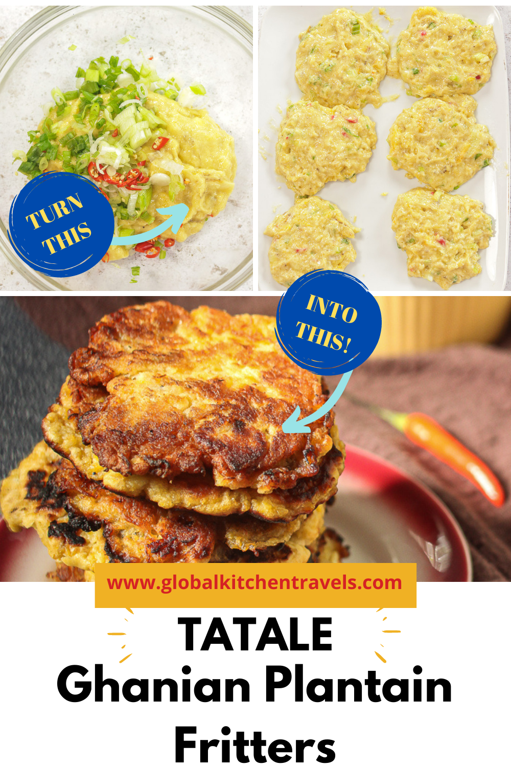 step by step images to make plantain pancakes with text