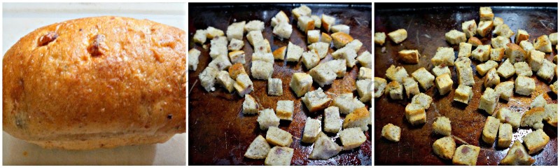 Collage of making croutons. 