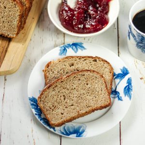 plate of No Knead Whole Wheat Bread with jam and coffee