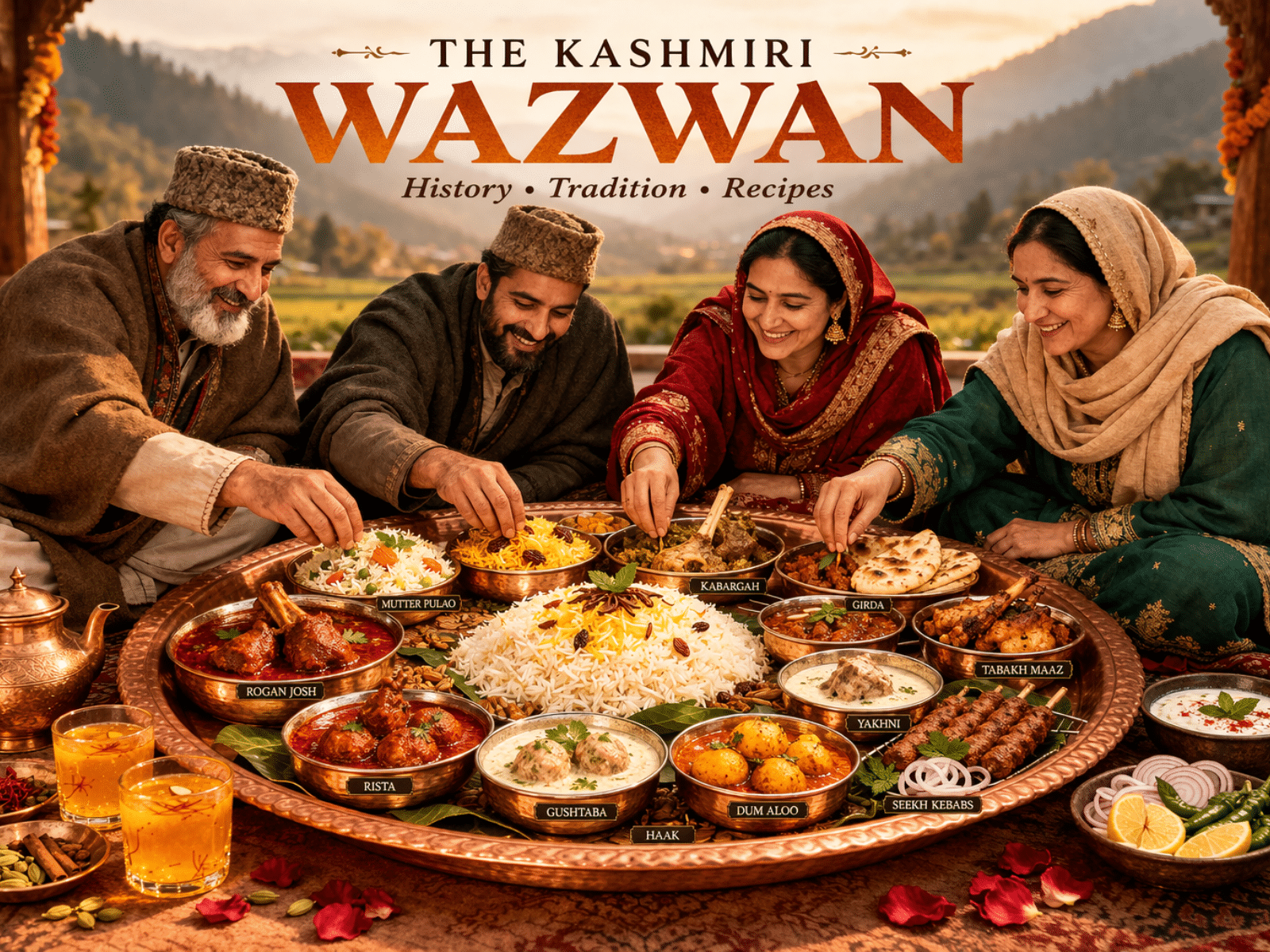 people sitting around a trami for a Kashmiri wazwan