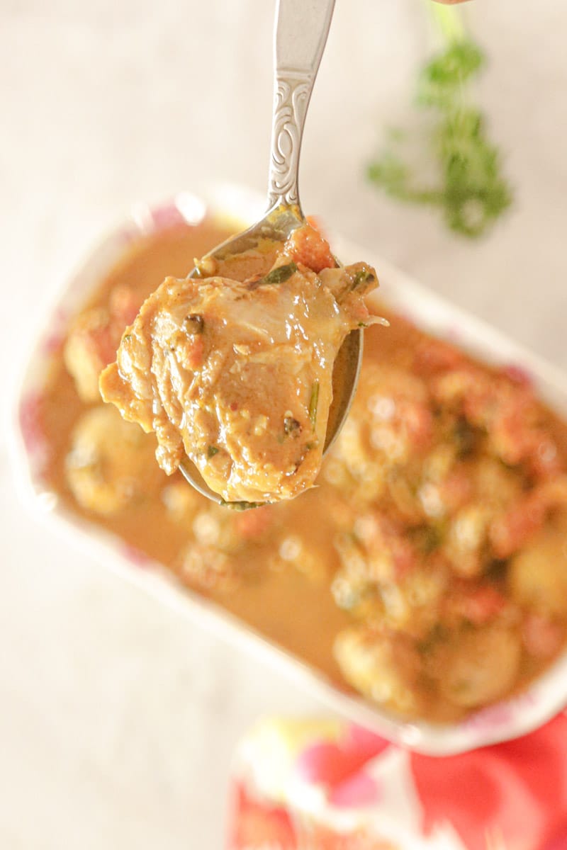 Curry Chicken on a spoon with platter and sprig of cilantro in background