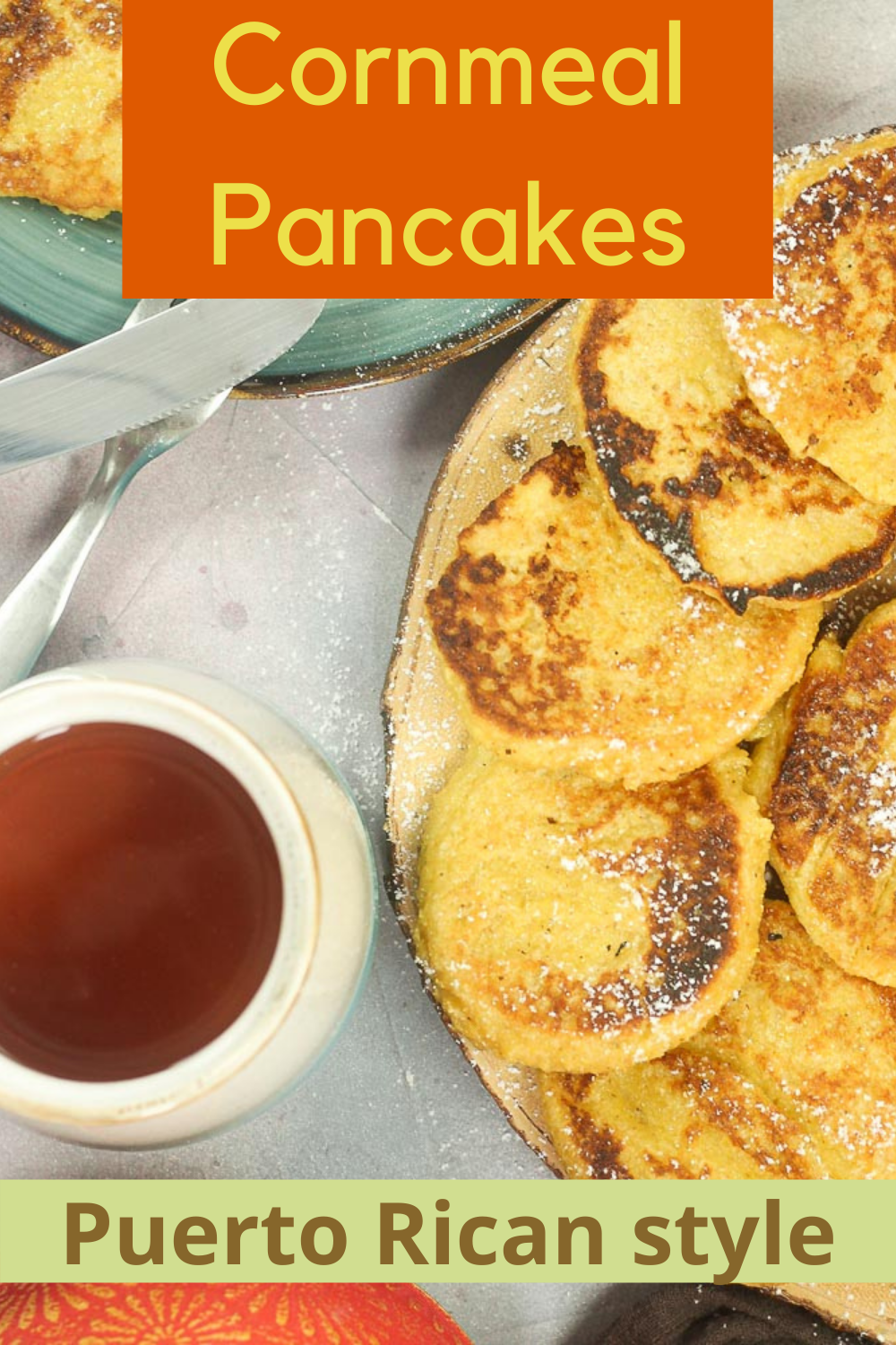 plate of cornmeal pancakes with tea and text