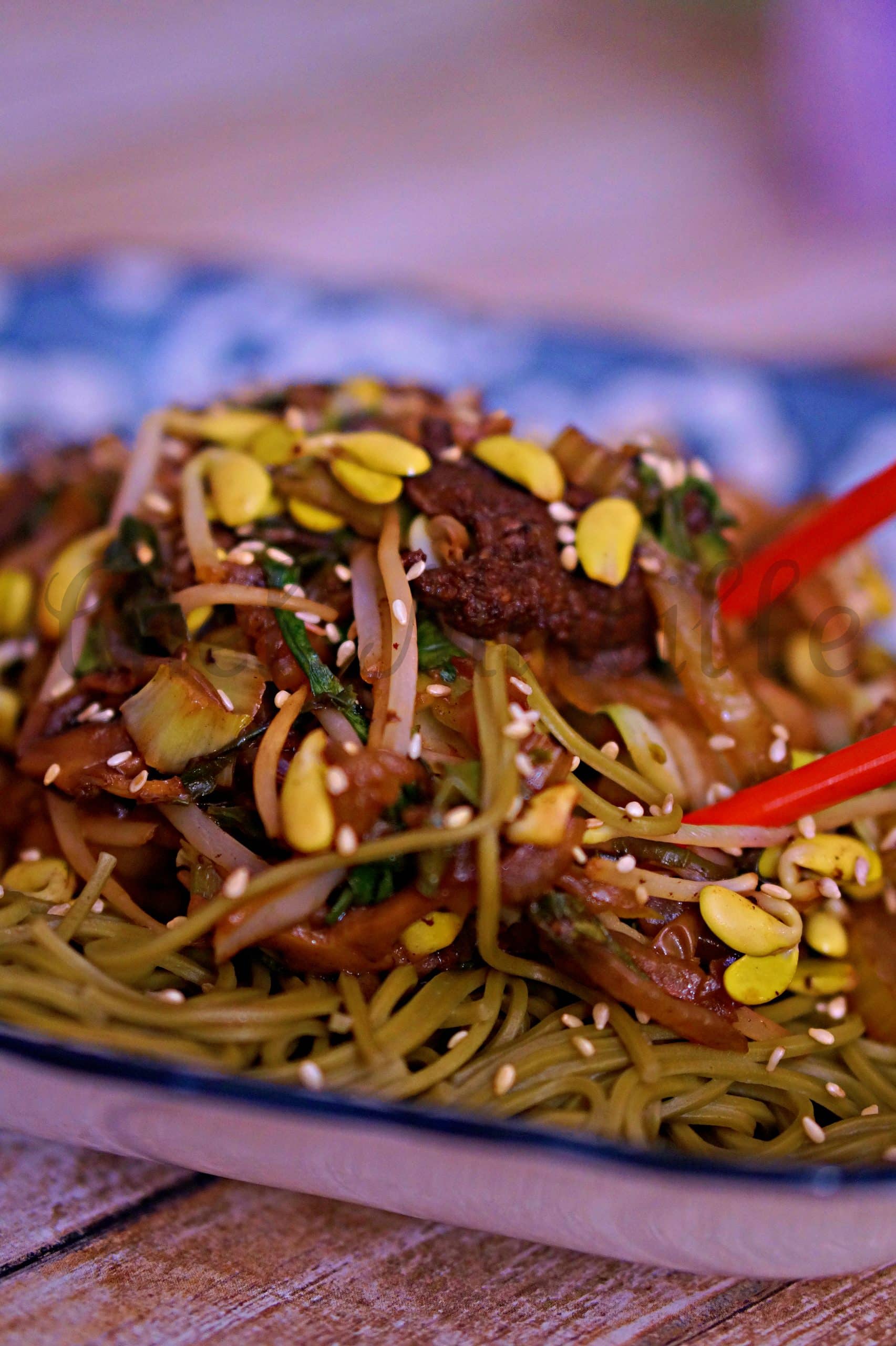 Vegetable Stir Fry with Duck Breast Over Noodles