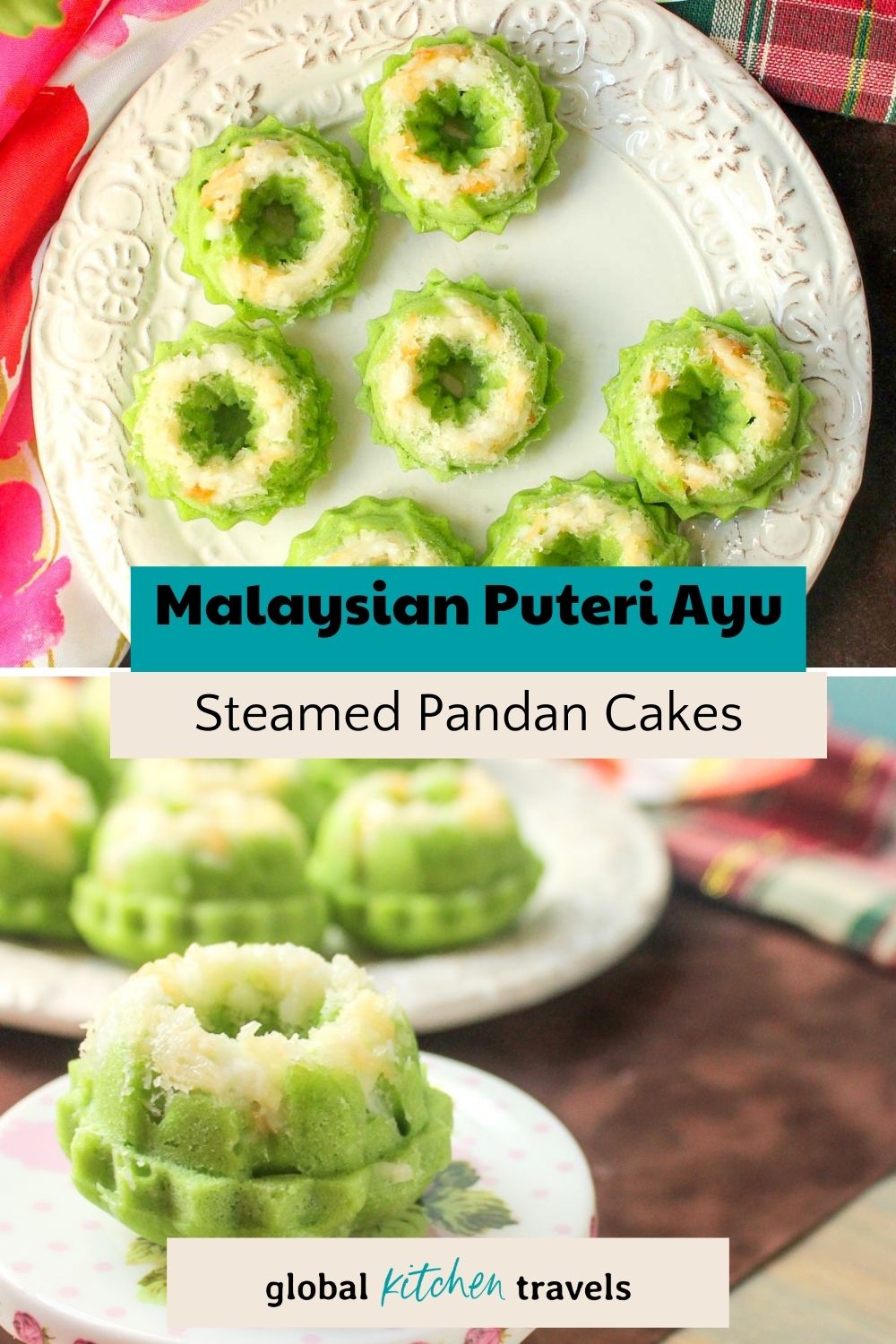 mini pandan sponge cakes topped with coconut with text