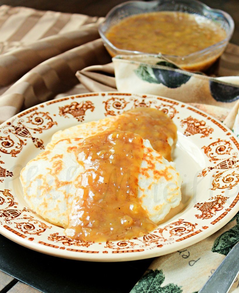 Peranakan Pancakes - Thai Rice Flour Coconut Pancakes on plate with Banana Sauce