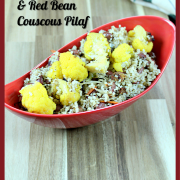 Sausage, Cauliflower and Red Bean Couscous Pilaf in a bowl with text
