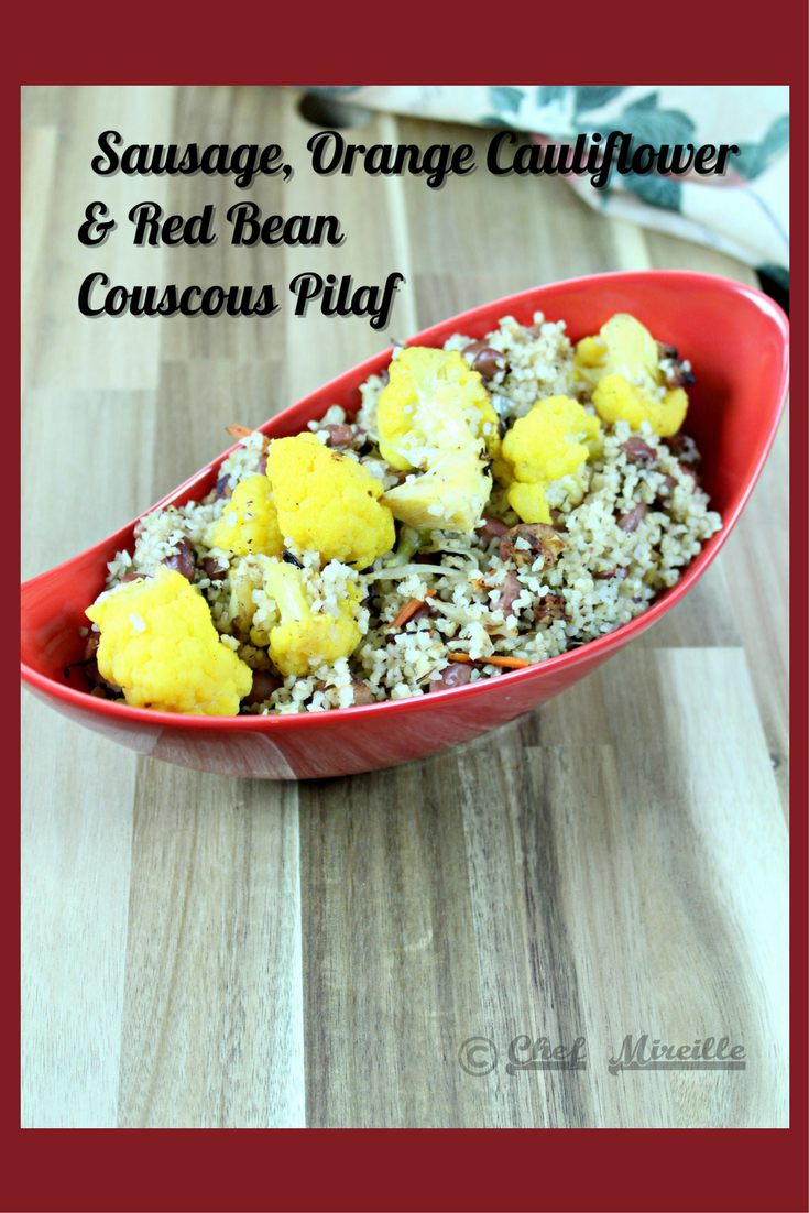 Sausage, Cauliflower and Red Bean Couscous Pilaf in a bowl with text