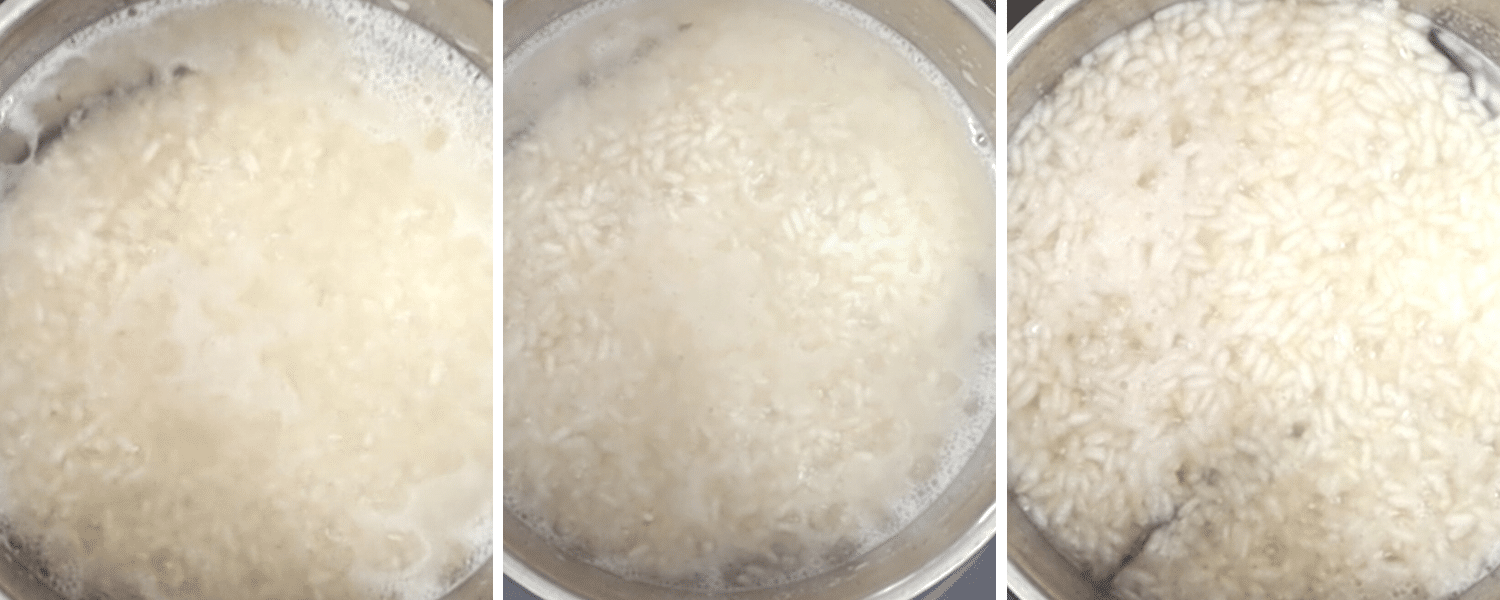 Rice pudding cooking on stovetop with water and vanilla bean