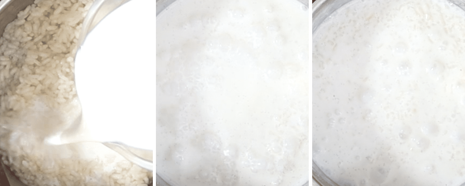 Arborio rice simmering in milk to create creamy rice pudding base