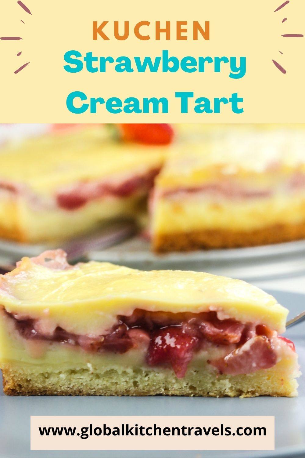 slice of Strawberry Cream Tart on a plate with text