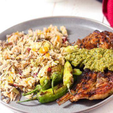 Chimichurri Lamb Dinner with Wild Rice Pilaf and Shishito Peppers