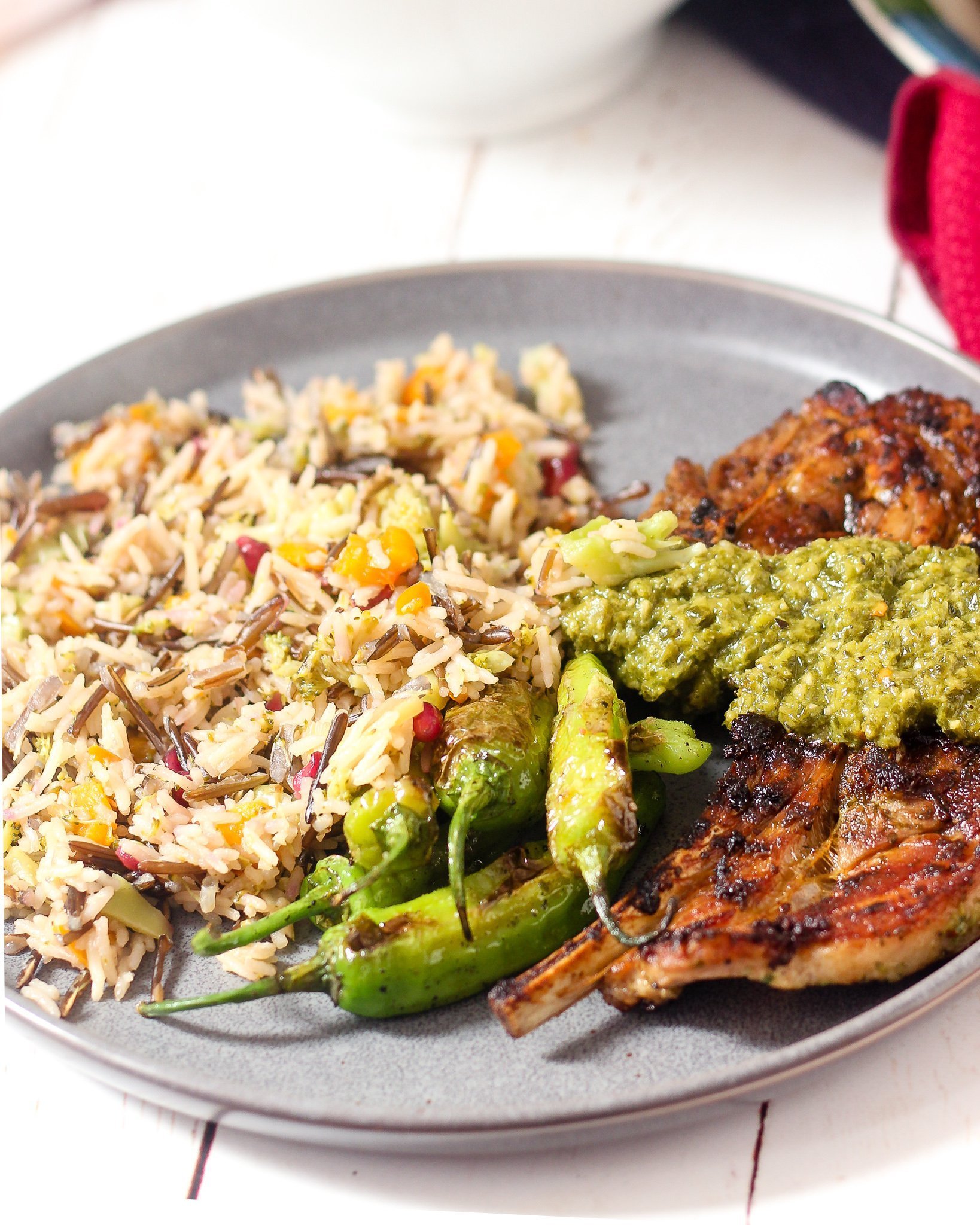 Chimichurri Lamb Dinner with Wild Rice Pilaf and Shishito Peppers