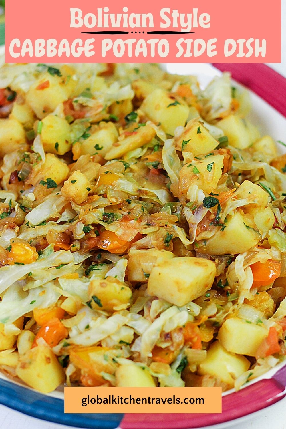 cabbage potato side dish on a platte with text