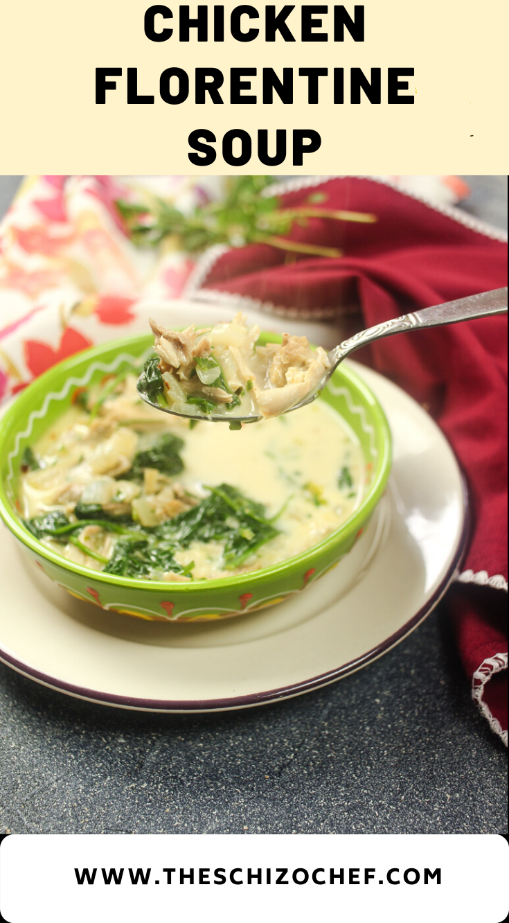 bowl of Chicken Florentine Soup with text