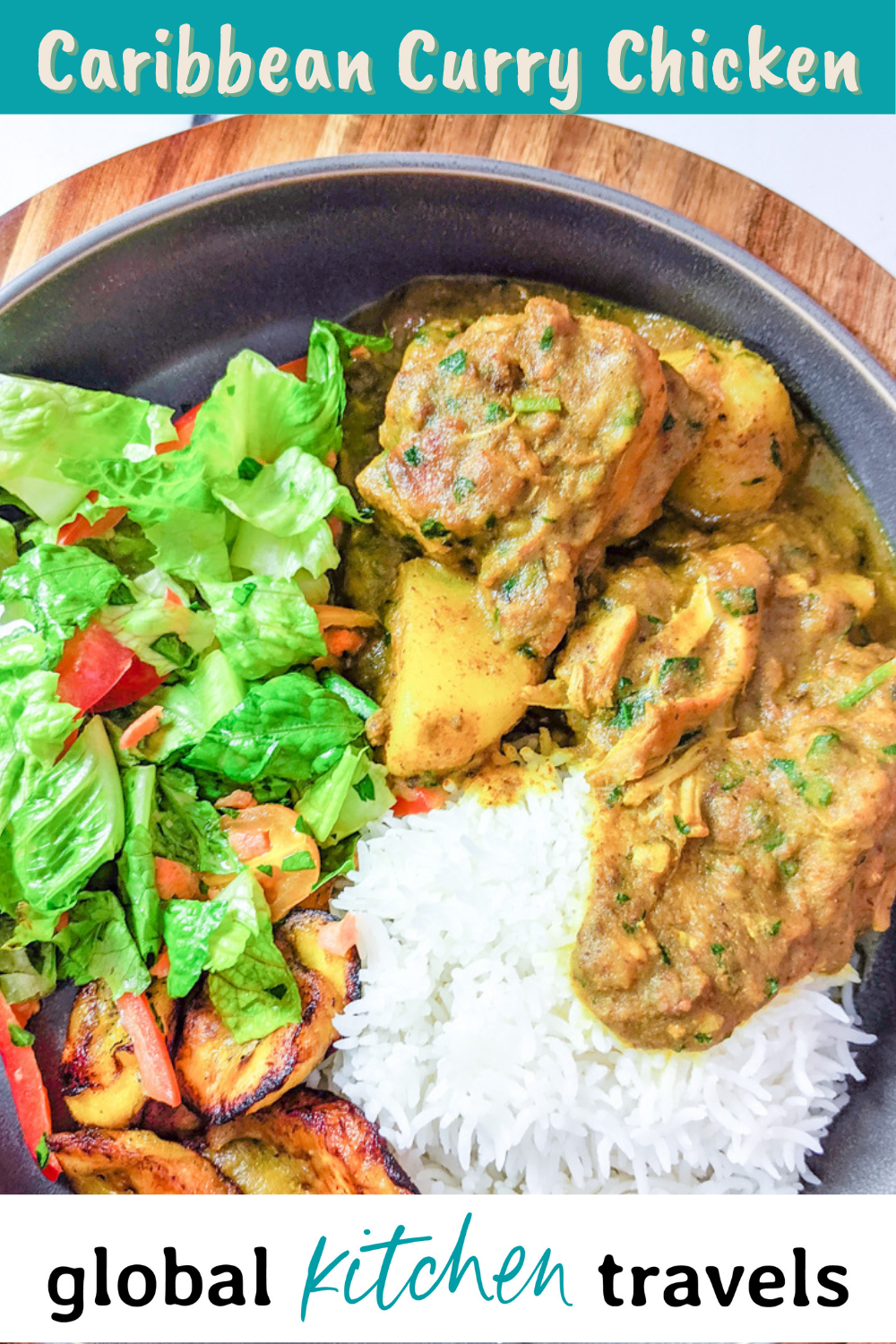plate of curry chicken, rice and salad with text