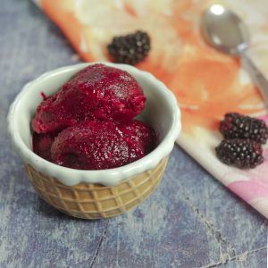 bowl of sorbet with blackberries and a spoon