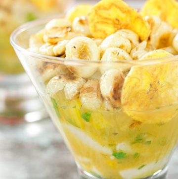 glass or ceviche with choclo and plantain chips