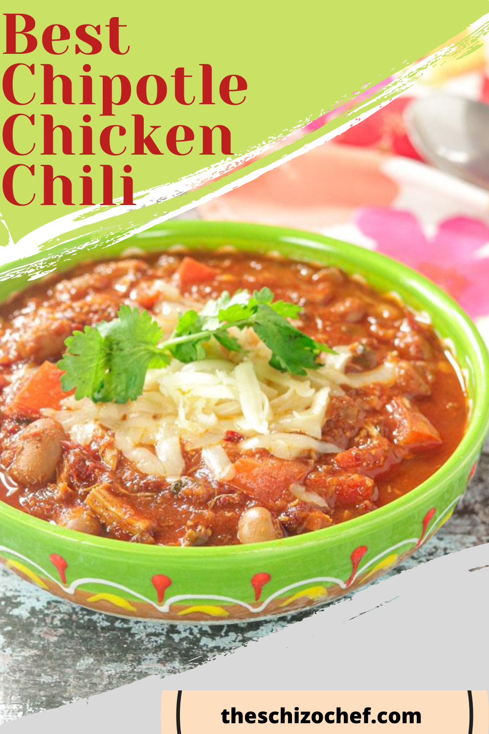 bowl of chicken chili with text