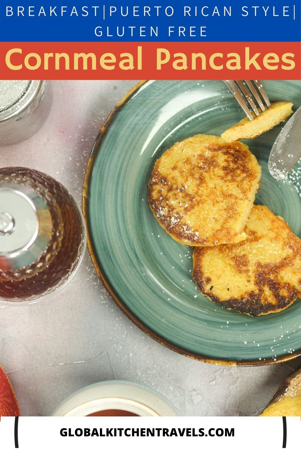 plate of cornmeal pances with syrup on the side