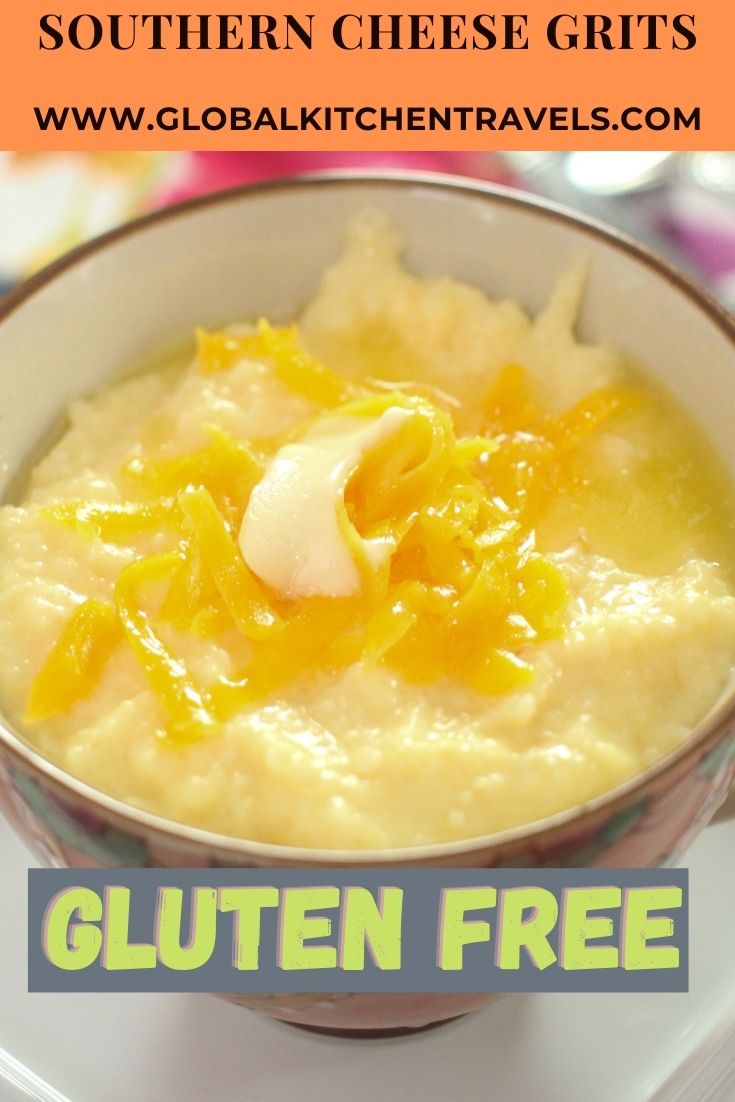 bowl of grits with cheese and butter with text