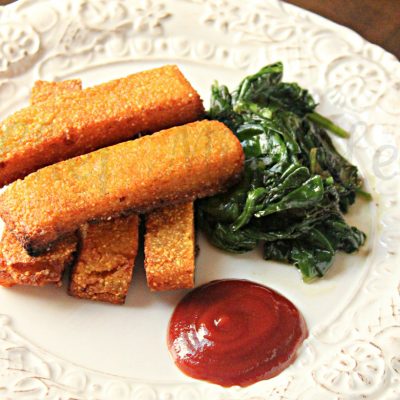 Polenta Fries with ketchup and spinach
