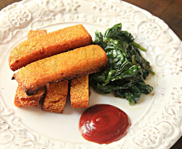 Polenta Fries with ketchup and spinach