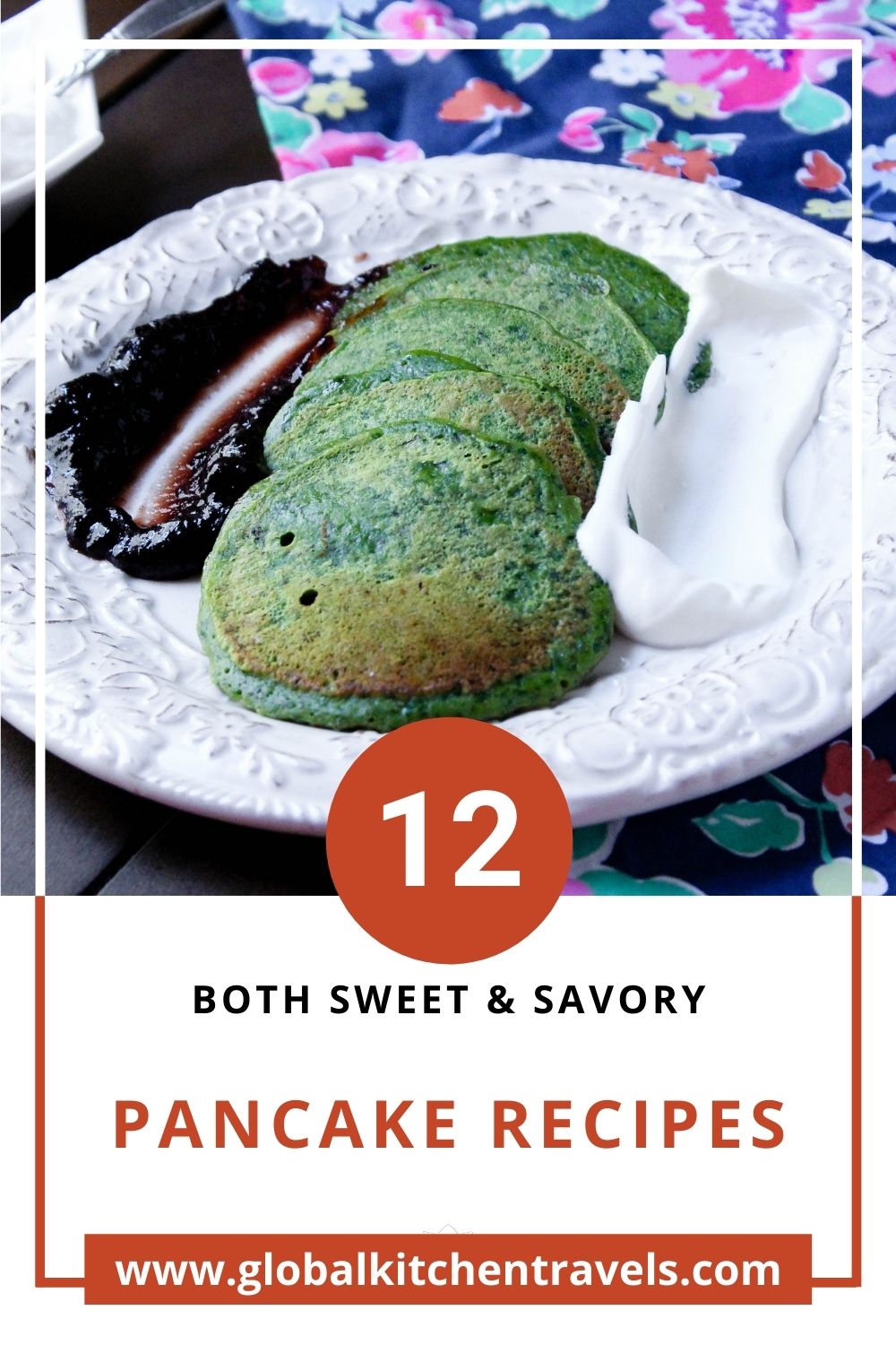 photo of spinach pancakes on plate with text