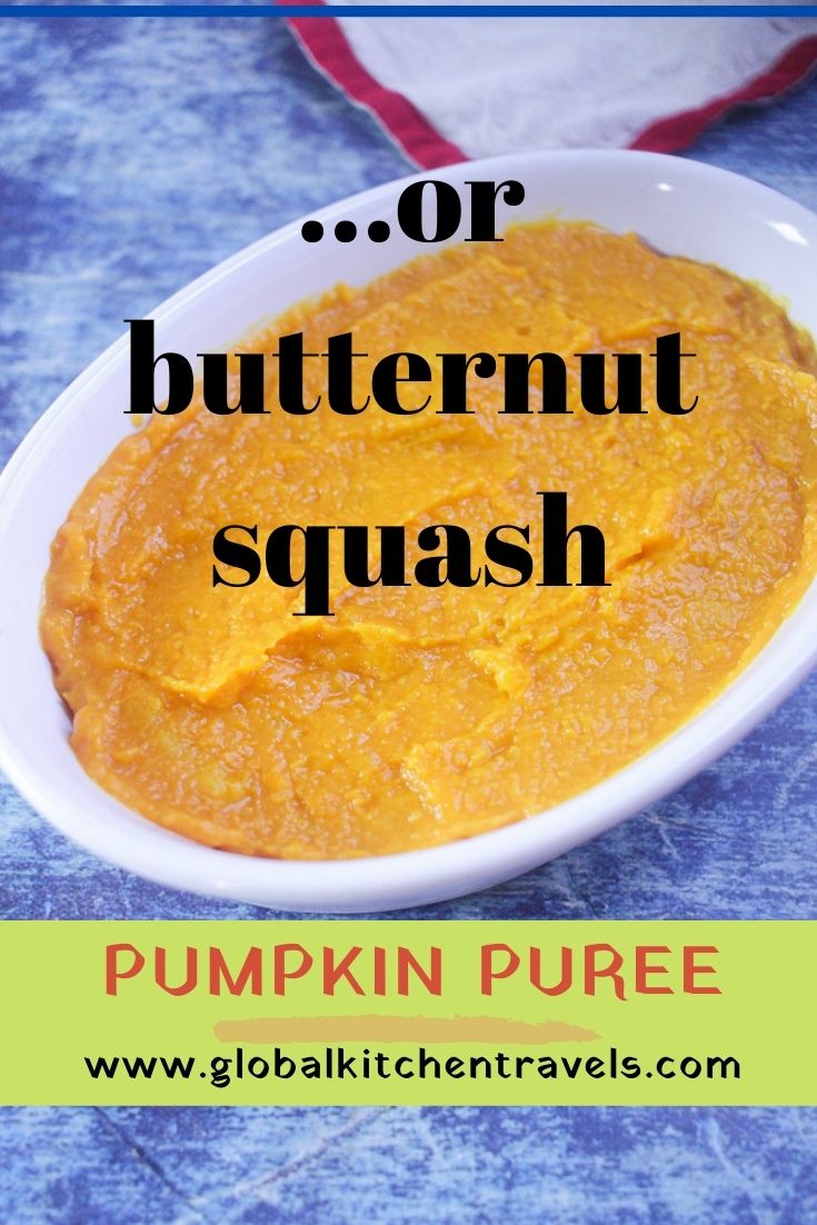 bowl of pumpkin puree with text