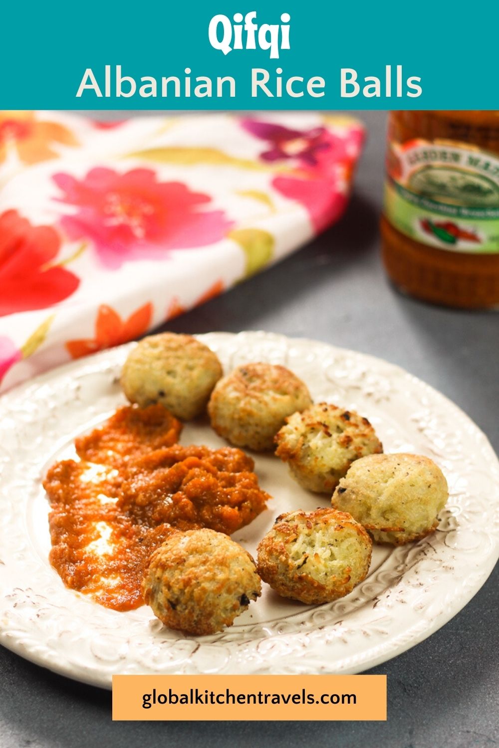 plate of rice balls with sauce with text