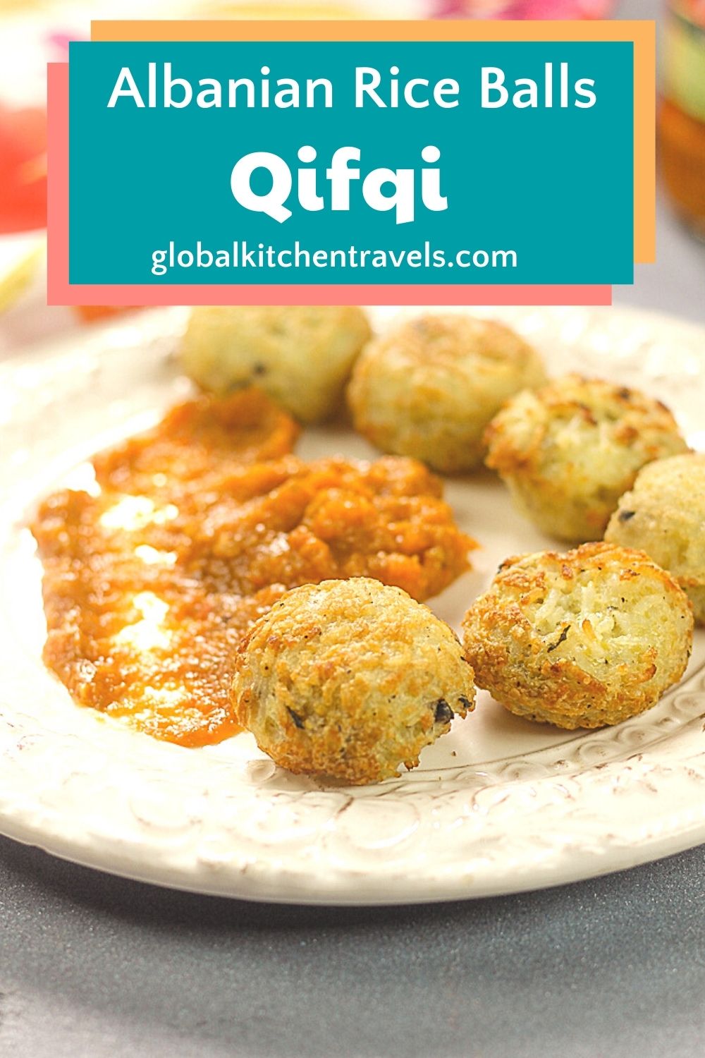 plate of rice balls with sauce and text