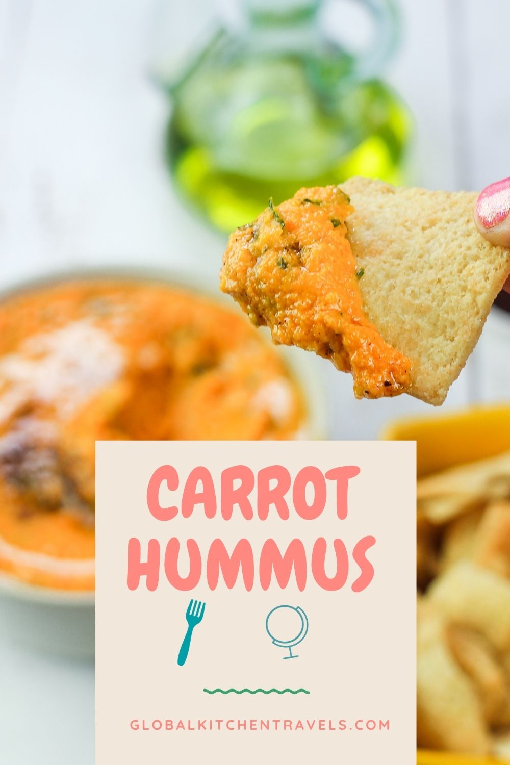 carrot hummus on pita chip with text