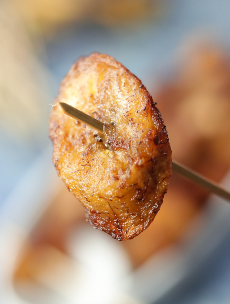 Kelewele -Spicy Fried Plantains on a toothpick. Makes a great Vegan party appetizer with this African recipe.