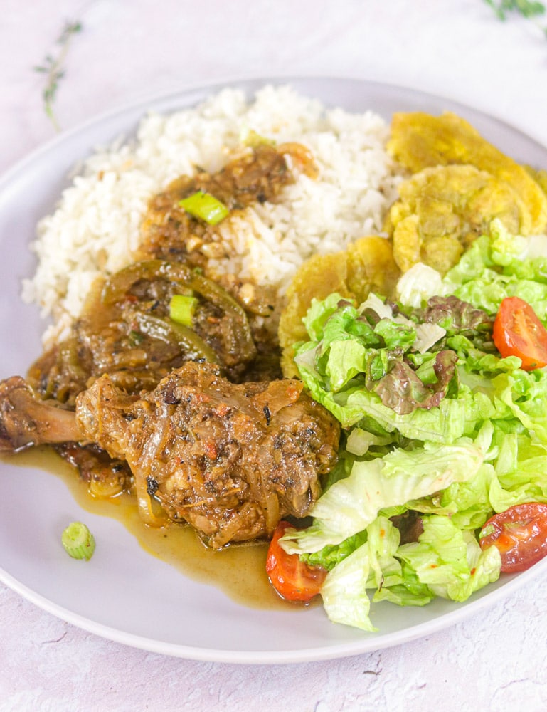 Haitian Chicken Stew Platter with Poulet en Sauce, Salad, Banane Peze and Rice