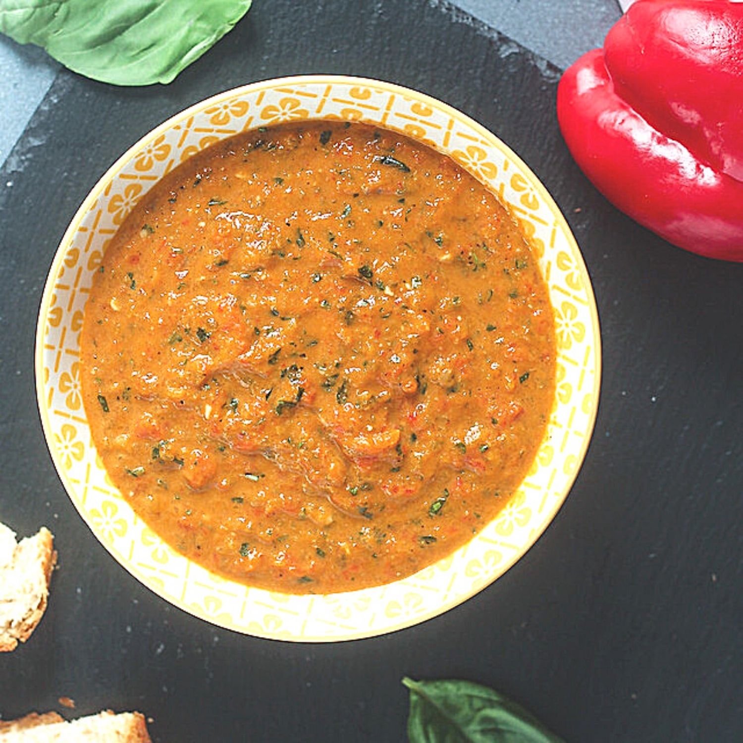 bowl of roasted red pepper pesto