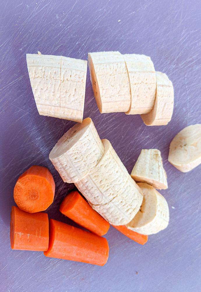 chopped carrots and plantain for Labouyi - Haitian Plantain Porridge