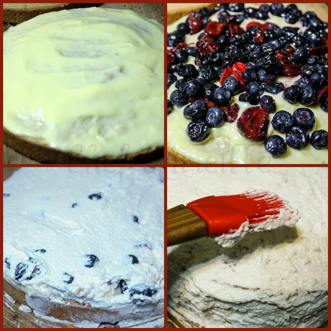 Putting together the layers of cake, fresh berries and whipped cream for Cream Cake.