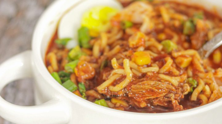 Bowl of Birria Ramen with hard boiled eggs