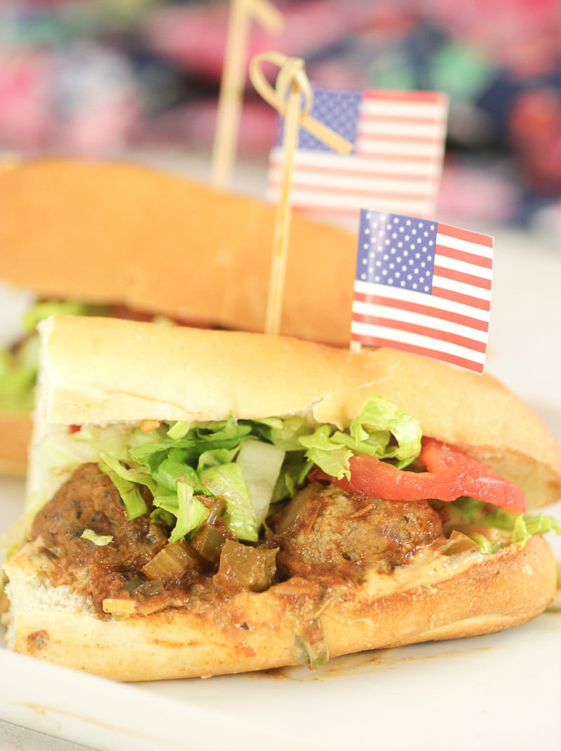 Meatball Sandwich with Remoulade Sauce and USA flag toothpicks