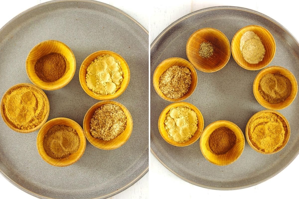 Pumpkin Pie Spice Ingredients in wooden portion bowls on a plate