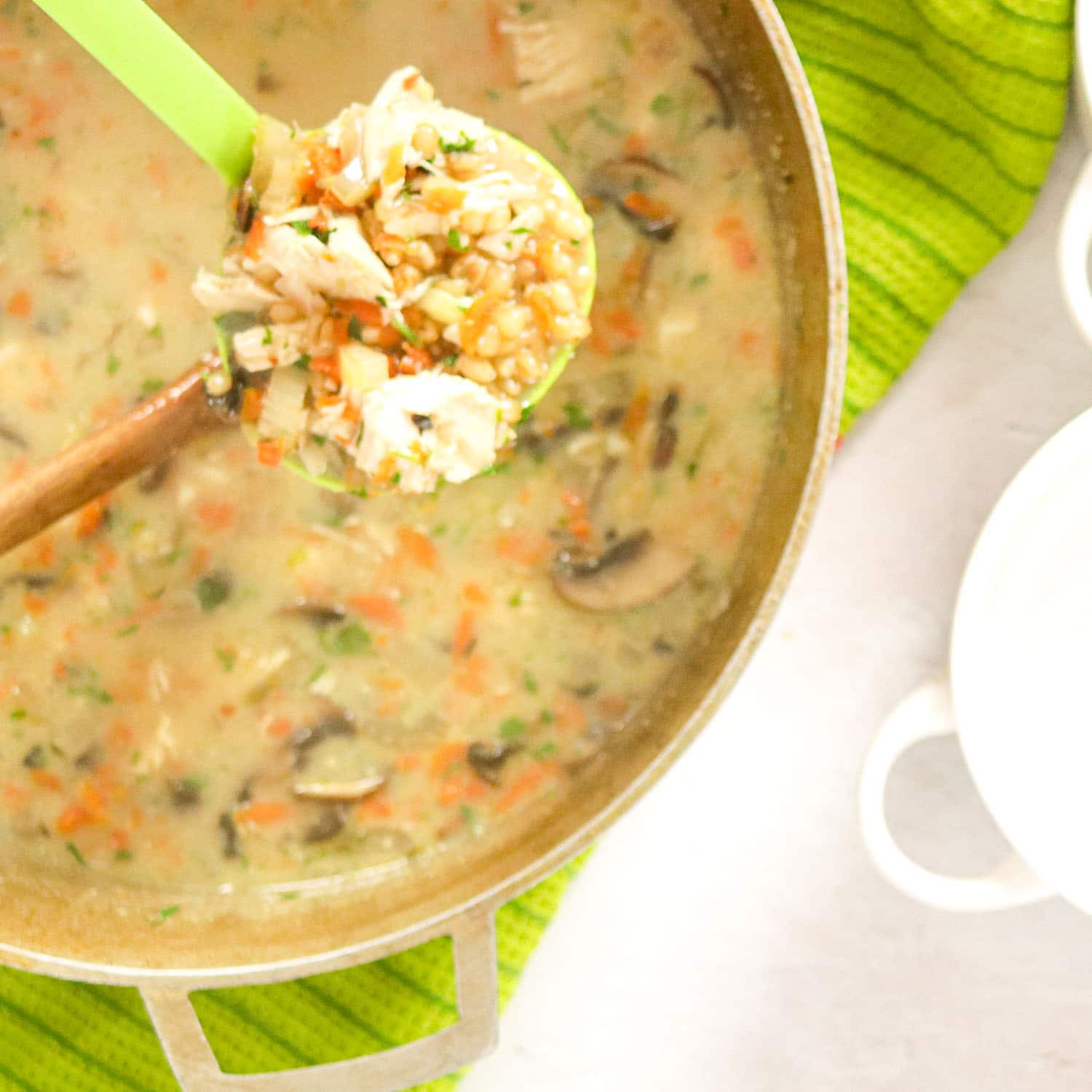 Pot of Creamy Chicken Soup with soup in ladle