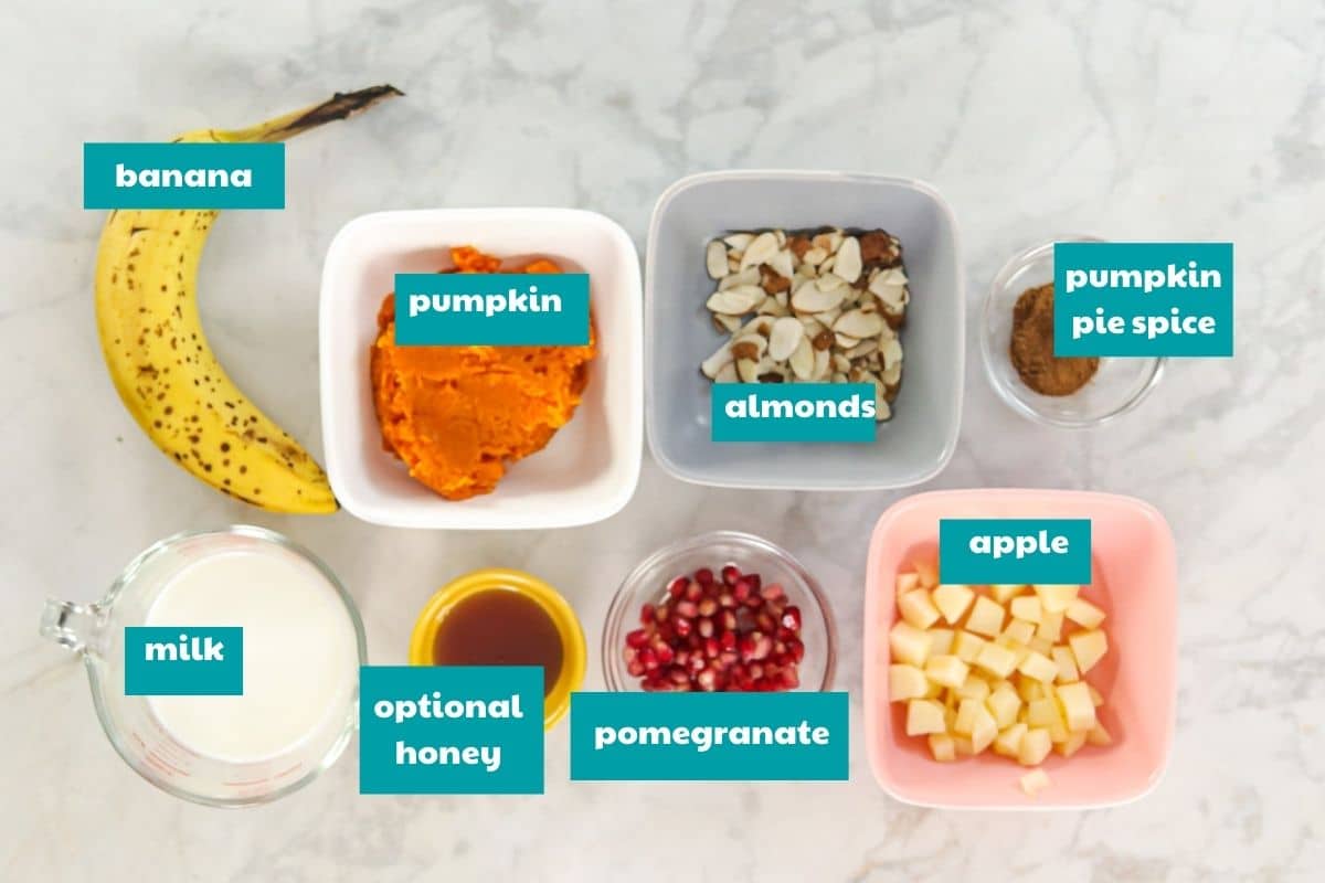 Pumpkin PIe Smoothie Bowl ingredients with labels