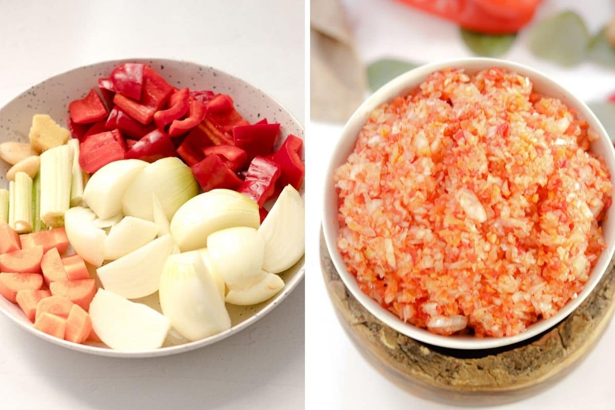 bowl of raw vegetables side by side with photo of chopped up vegetables - Caribbean seasoning