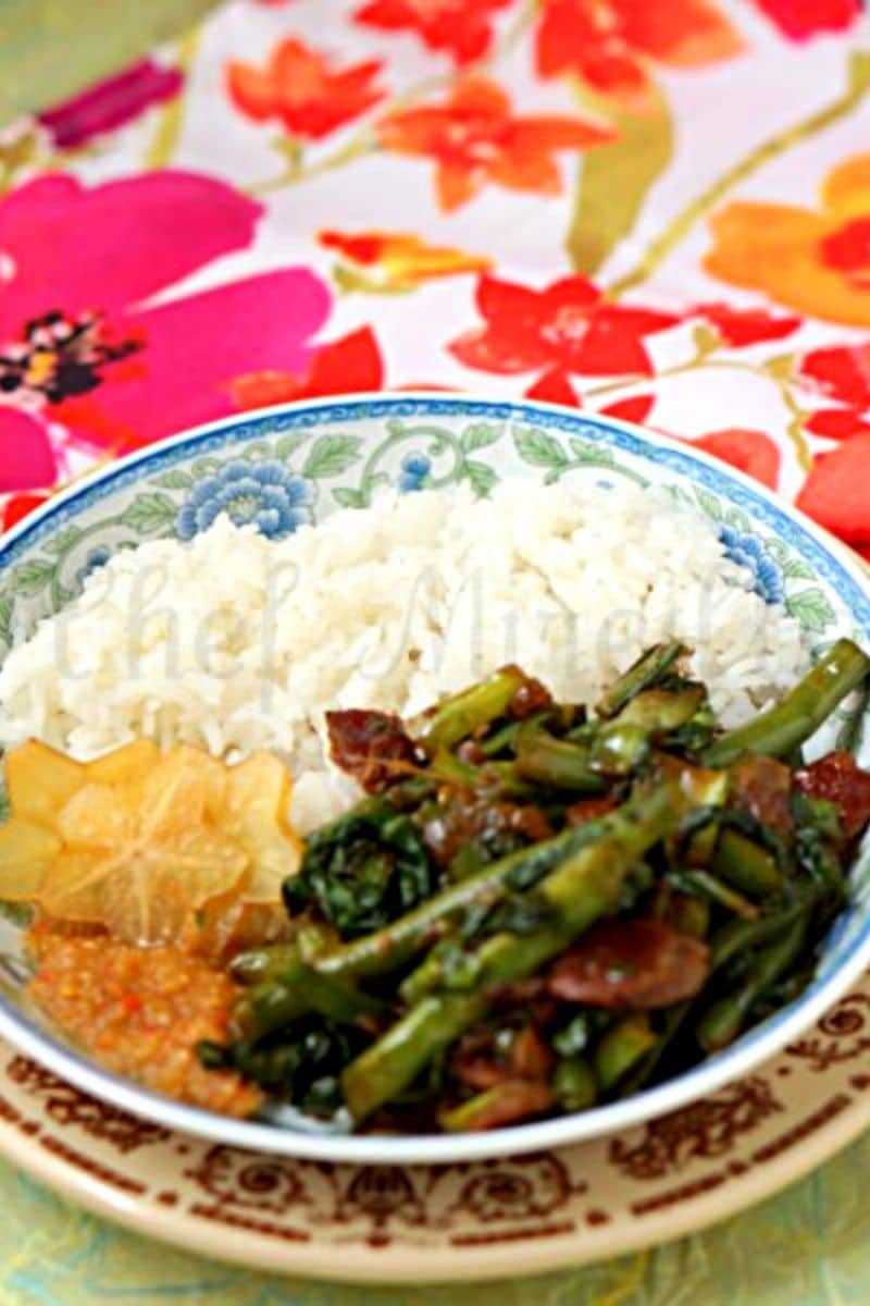 Stir Fry Vegetables with Rice and Sambal in a bowl