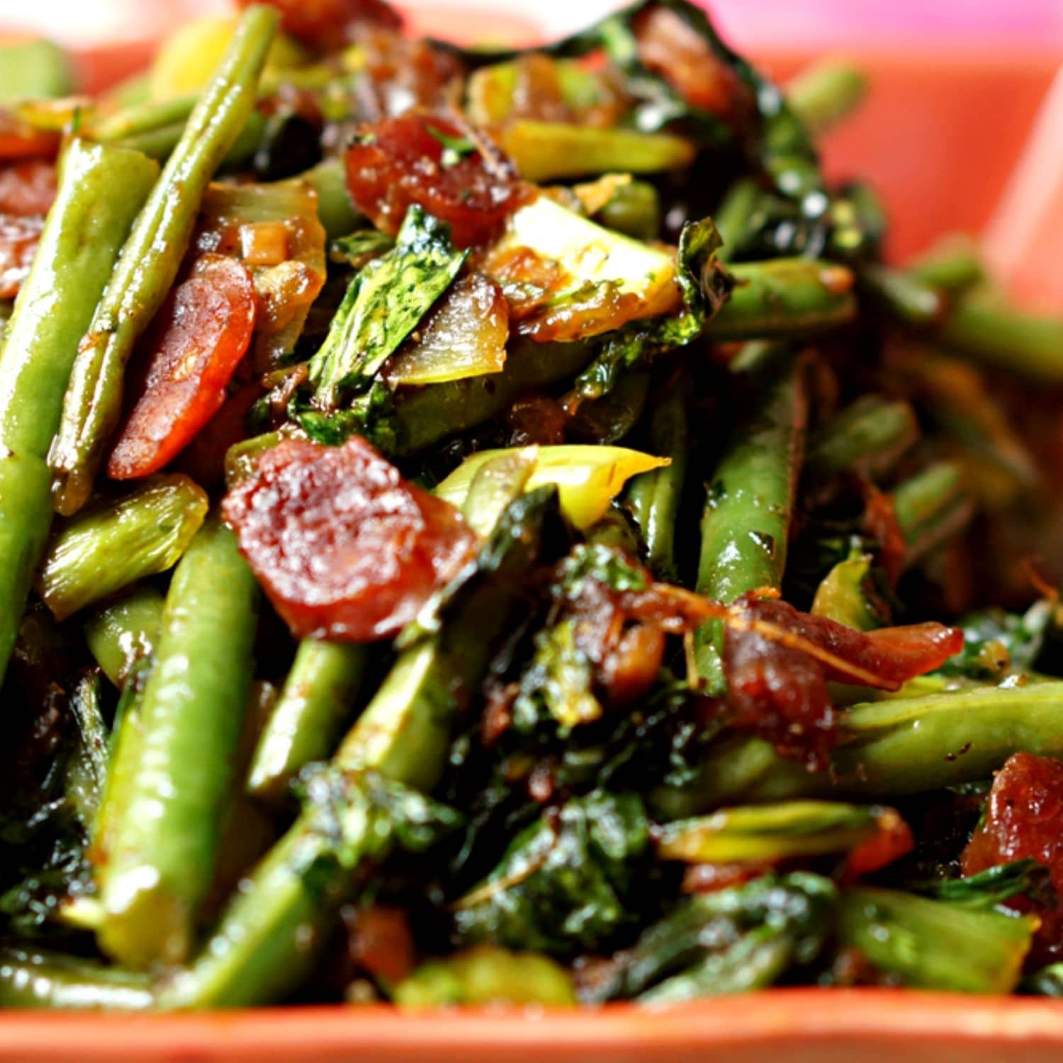 Suriname Style Green Beans with ok Choy and Chinese Sausage