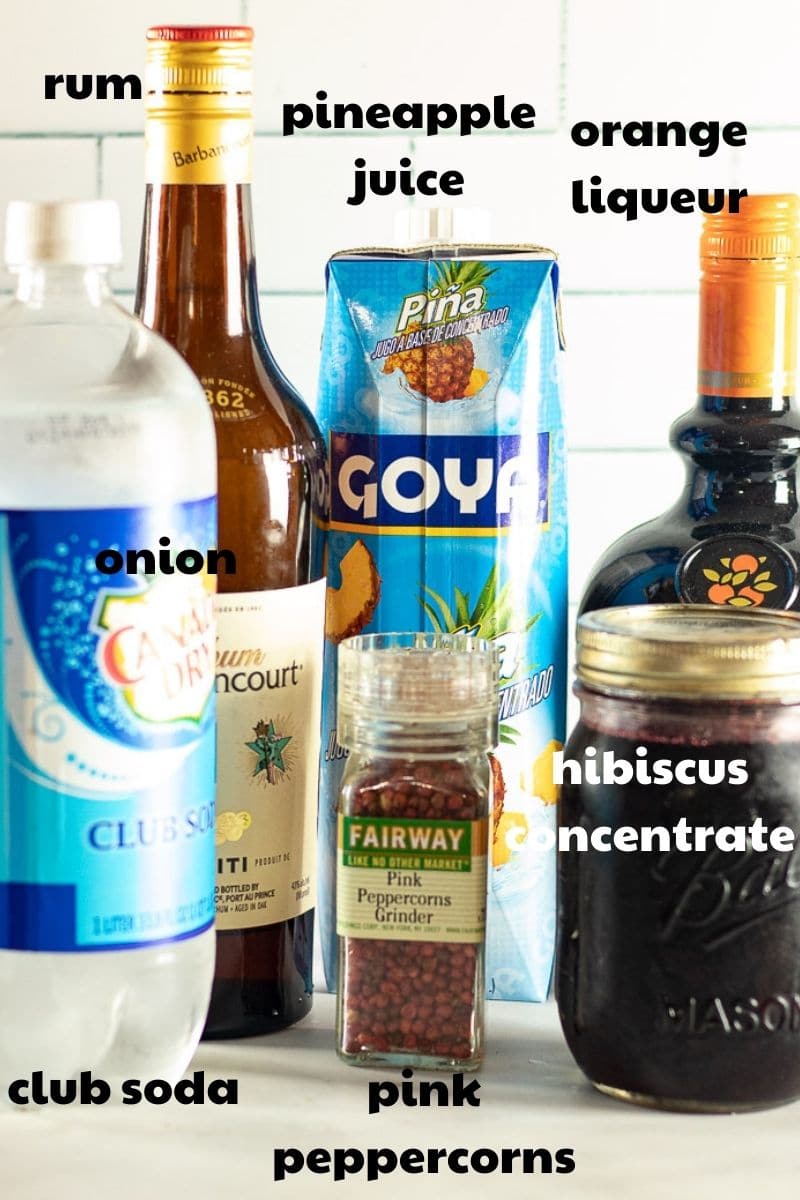 ingredients for Hibiscus Rum Punch with labels
