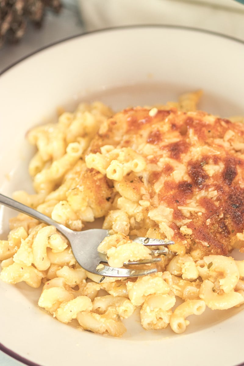 Crispy Top Mac and Cheese on a plate with a fork