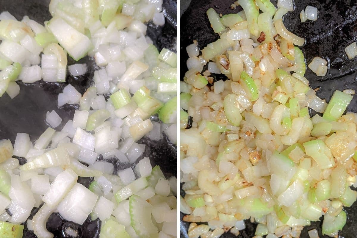 sauteed vegetables collage for making macaroni and cheese