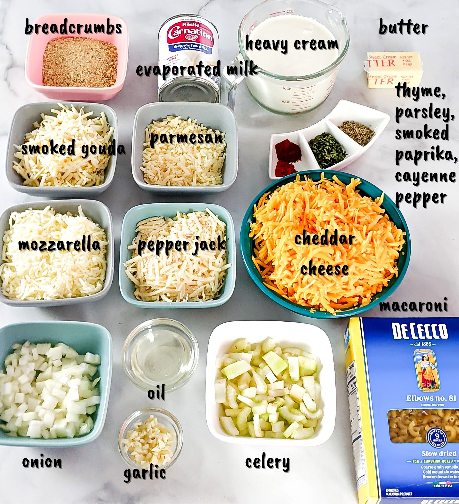 Ingredients for Macaroni and Cheese with text labels
