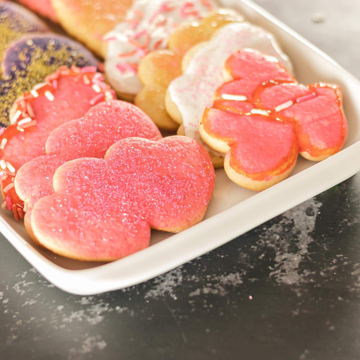 plate of decorated sugar cookies for Valentines Day.